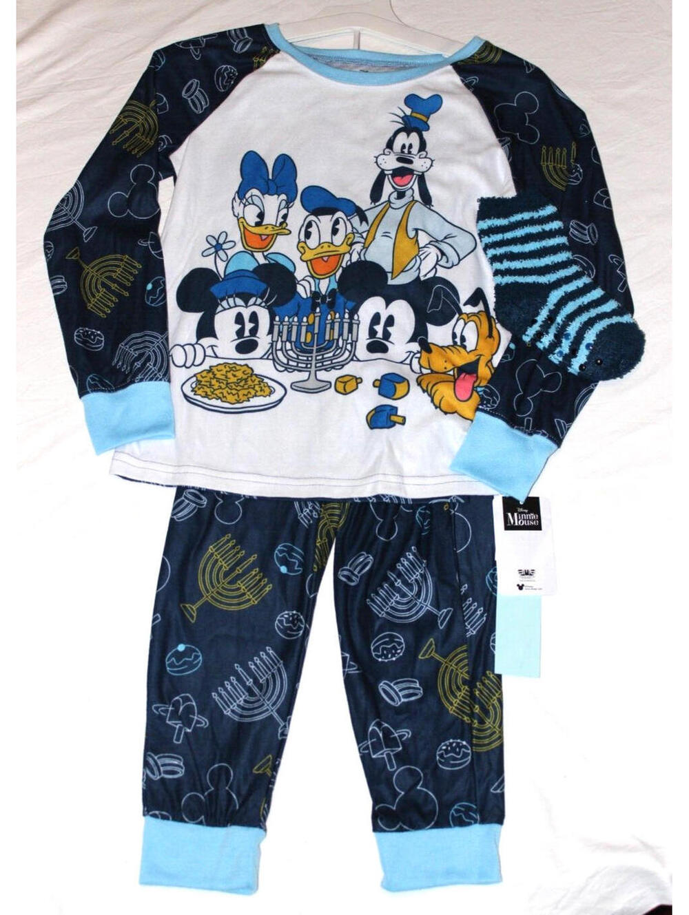NEW YOUTH SIZE M & L DISNEY MINNIE GIRLS HANUKKAH 3 PC PAJAMA SET W/GRIPPER SOCK